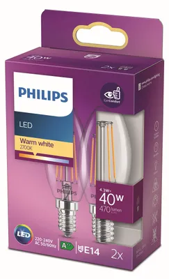 Immagine prodotto di LED E14 in confezione da 2 da 4,3 W (40 W) Trasparente 470 lm