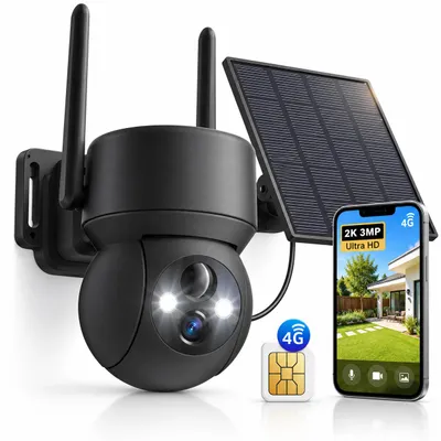 Produktbild von 4G LTE überwachungskamera Aussen Solar mit SIM Karte 2K HD PTZ Outdoor Kamera Akku kabellos ohne WLAN PIR Erkennung Farb Nachtsicht