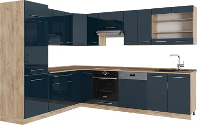Produktbild von Eckküche Vicco Fame-Line Dunkelblau Hochglanz/Goldkraft Eiche 287 x 46 cm ohne Arbeitsplatte, Model 49765