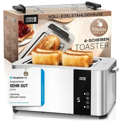 Imagen del producto de LEBENLANG: Tostadora de 4 ranuras largas con accesorio para panecillos, pantalla LED táctil y 7 niveles de tostado, 1400W. Tostadora de acero inoxidable cepillado para tostadas largas XXL, con control táctil inteligente