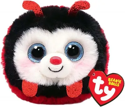 A close-up studio shot of a plush ladybug toy with large blue eyes and a red nose, attached to a red heart-shaped TY Beanie Balls tag.