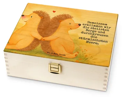 Produktbild von Mr. & Mrs. Panda Teebox Igel händchenhaltend Design - Weiß - Geschenk, für Paare, Jahrestag, Verknallt, Teedose, Hochzeit, Tee Box, Ehe, Love, Liebe, Holz, Hocheitstag