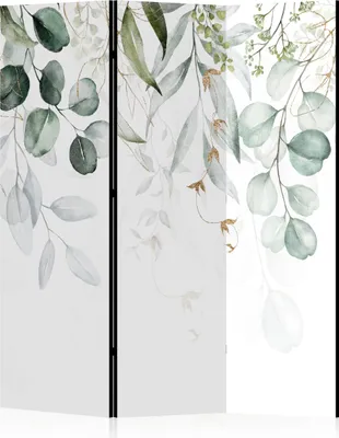 A tri-fold room divider with a botanical print of eucalyptus leaves.