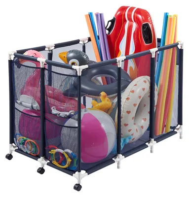 Obrázok produktu pre VEVOR úložný box na bazén 120 x 77 x 86,5 cm, úložný box na bazény s 3 kolieskami, sieťový organizér s plastovým rámom a bočnými vreckami, organizér na bazénové nudle a plavecké potreby