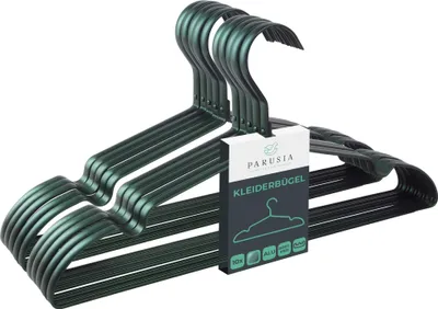 Produktbild von 10x Parusia Kleiderbügel waldgrün,  42cm breit, 1cm stark, Kleiderbügel Metall rostfrei, formstabil, zur platzsparenden Kleideraufbewahrung & Organisation von Kleiderschrank, Kleiderständer