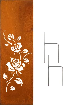 A metal garden decoration with a rose design and two metal stakes.