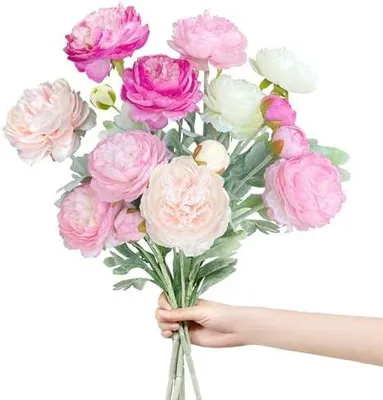 Produktbild von 5 Bündel Kunstblumen wie Echt Pfingstrosen Künstlich Seidenblumen Groß 51cm, Künstliche Blumen Ranunkeln Künstlich Pfingstrose Kunst Blumen Künstlicher Blumenstrauss Rosa Lila Weiß(? 8cm)