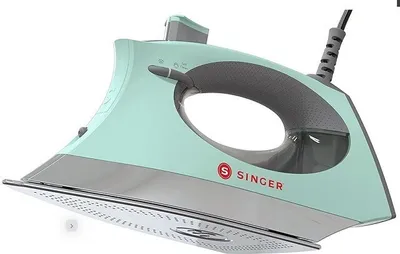 A mint and gray Singer steam iron is shown from a low angle against a white background.