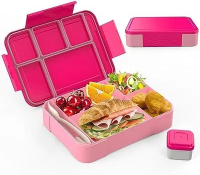 Produktbild von Brotdose Kinder mit Fächern, 1300ml Lunchbox Kinder, Bento Box mit 5 Fächern Besteckset, Auslaufsichere Lunch Box für Kindergarten, Schule, Picknick, Ausflug (Rosa)