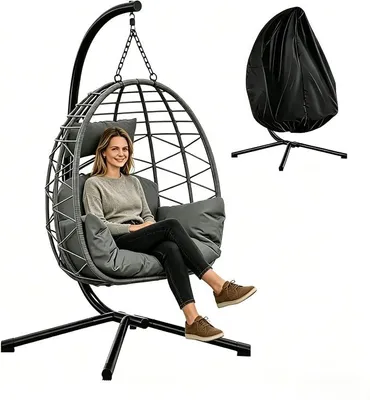 Imagen del producto de Silla colgante con estructura, silla colgante de ratán con cojín para el asiento y el respaldo