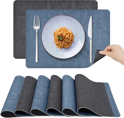 Produktbild von Abwaschbare Platzsets im 6er Set, Tischsets aus Kunstleder in Lederoptik, Doppelseitig, Wasserdicht, Rutschfest, Hitzebeständig, Pflegeleicht, Tischmatten 43×30cm - Blau/Grau
