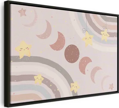 Produktbild von Italienischer Leinwand Leinwandbild - Joyful Sky - Yellow Cheerful Stars with a Rainbow Against the Phases of the Moon in a Light Beige Sky Hue 90x60 cm Für Kinder e-C-10061-b-a
