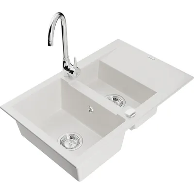 Obrázek produktu pro Mexen Gaspar 1,5-miskový granitový dřez s odkapávačem a kuchyňskou baterií Telma, Bílá - 6507-20-670200-00