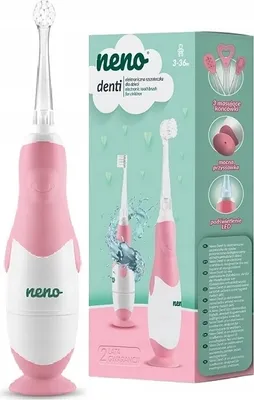 A pink and white electric toothbrush for children, presented in its packaging, with product features illustrated on the box.