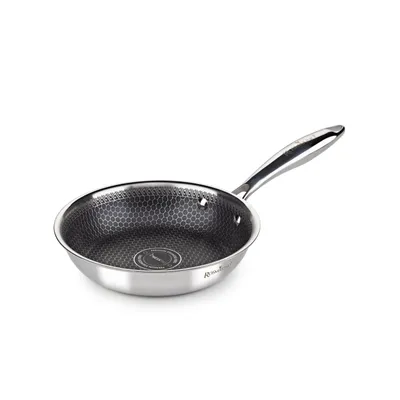 A stainless steel frying pan with a honeycomb pattern on a white background.