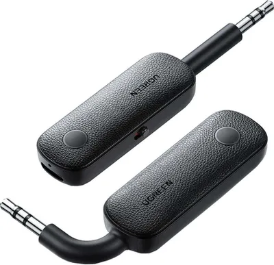 Two black Ugreen Bluetooth receivers with 3.5mm jack connectors are shown against a white background.