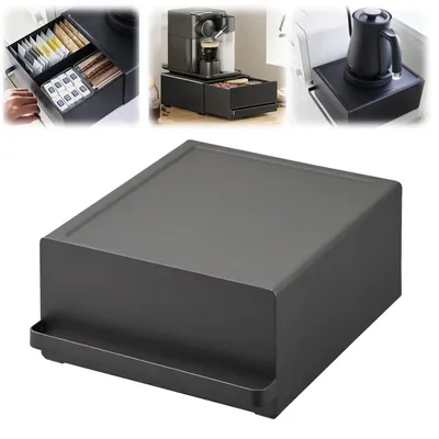 Image de Support pour machine à café - Socle avec tiroir - Métal - Organisateur pour capsules et sachets de thé - Rangement pour plan de travail - Noir