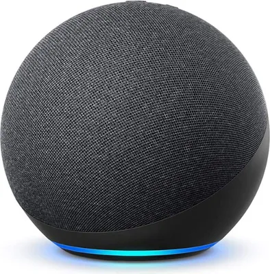 A dark gray spherical smart speaker with a blue light ring at the base, isolated on a white background.