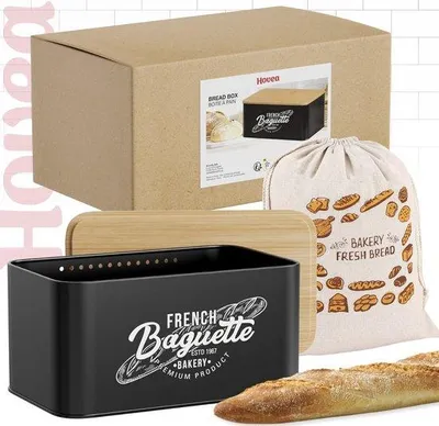 Immagine prodotto di Contenitore per il pane in bambù - 30 x 18 x 13,7 cm - Nero - Con sacchetto per il pane incluso - Per pane, toast e panini