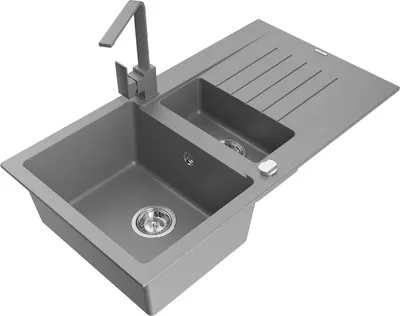 Produktbild von Mexen Matias 1,5-Becken-Granitspüle mit Abtropffläche und Mischbatterie Rita, Grau - 6502-71-670300-71