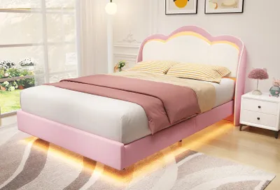 Image de Lit rembourré HOMAVO 140 x 200 cm pour enfant, lit simple avec éclairage LED, lit rembourré en velours avec motif nuages, lit suspendu