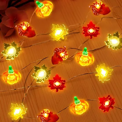 Herbst-Lichterkette 3 m, 30 LEDs, Ahornblätter & Kürbis, Timer