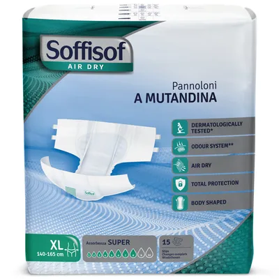 Obrázok produktu pre 15x Soffisof Air Dry Super Veľkosť XL – Plienky pre dospelých – 1 balenie (15 kusov), 8 kvapiek, plienky na inkontinenciu