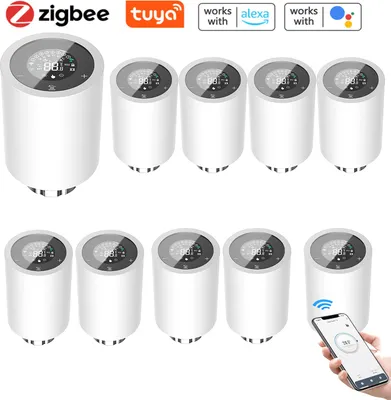 Obrázok produktu pre 10X inteligentné termostaty na radiátory, termostatický ventil, ventil na radiátor, ovládanie cez aplikáciu, kompatibilné s Alexa a Google Assistant, detská poistka, termostat, kúrenie, LED displej, biela