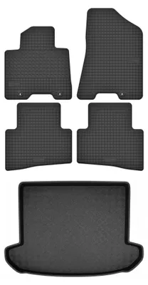 Image de Tapis en caoutchouc + bac de coffre pour Kia Sportage IV 2015-2021 (SUV, plancher haut) – 5 pièces, noirs, sur mesure