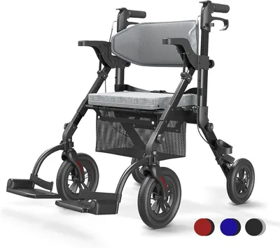 Image de Fauteuil roulant 2 en 1, pliable et léger, avec siège, pneus en caoutchouc adaptés à tous les terrains, déambulateur léger, fauteuil de transport en aluminium