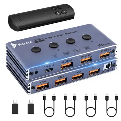Produktbild von USB 3.2 10 Gbit/s KVM-Switch 4x4 mit Fernbedienung, 4 USB-Anschlüsse, Hub-Adapter von REAGLE
