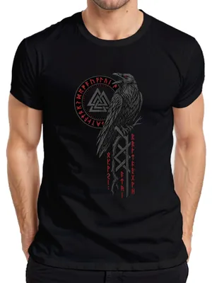 Produktbild von Wikinger Rabe Valknut Runen Odin Wotansknoten Nordisch Walhalla Herren T-Shirt, Schwarz, 3XL