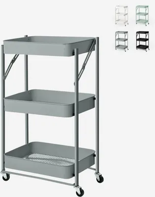 A three-tier serving cart with wheels, shown in dark gray. Several other color options are displayed in small squares in the upper right corner.