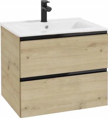 Produktbild von Badmöbel Set Hängeschrank mit Waschbecken Eiche Artisan Schwarz Matt 60cm 2 Schubladen Soft-Close Gefräste Griffe Keramik Waschtisch