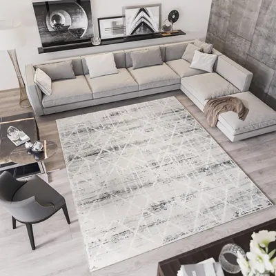 Produktbild von Teppich Kurzflor Modern Design Schlafzimmer Wohnzimmer Vintage Meliert Grau Creme 120 x 170 cm
