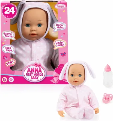 Produktbild von Bayer Design 93822AA Babypuppe Anna, spricht 24 Babylaute, weicher Körper, Schlafaugen, Schnuller, Flasche, 38 cm