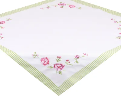 Produktbild von Betz Mitteldecke Tischdecke mit Stickerei - ROSE - Größe: 85x85 cm Farbe weiß mit grün gestreiftem Saum