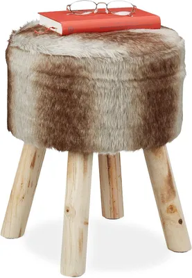 Image de Tabouret en fourrure - Sur pieds en bois - Décoratif - Style rustique - Repose-pieds rond - H x L : 42 x 33 cm - Gris - Marron