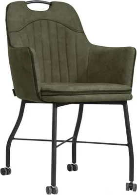 A green armchair with black legs and wheels, shown from the front.