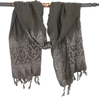 Produktbild von Handgewebtes Baumwolltuch mit Tribalmuster, Blockdruck Webschal - Taupe, Uni, Braun, Baumwolle, 170*60 cm, Schals