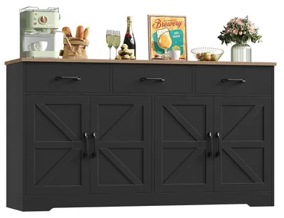 Produktbild von Sideboard 150cm Schwarz mit Arbeitsplatte, 4 Türen, 3 Schubladen, Wohnzimmer Küche