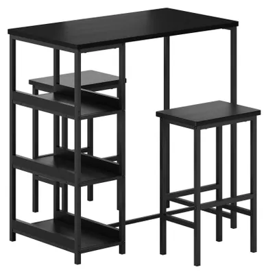 Produktbild von Bartisch Set mit 2 Barhockern 3-teilig Stehtisch mit 3 Regalen & Fußstützen Schwarzes Gestell + Schwarz Holzoptik