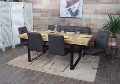 Produktbild von Esszimmer-Set MCW-H70, Esszimmergruppe Sitzgruppe Esszimmergarnitur, Stoff/Textil Edelstahl gebürstet  grau-braun 160cm