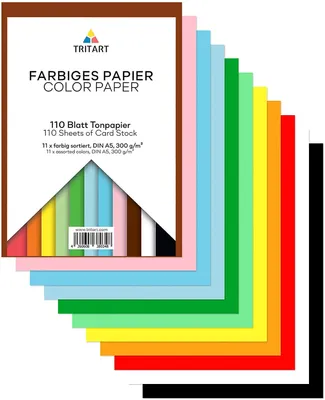 Produktbild von Tritart Buntpapier A5 300g m² I 110 Blatt festes Bastelpapier durchgefärbt I stabiler Tonkarton zum Basteln I Fotokarton 11 Farben I DIY buntes Tonpapier I Bastelkarton