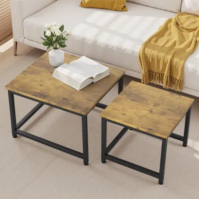 Produktbild von Hawthyhome 2er-Set quadratischer Couchtisch Couchtisch aus Holz mit Metallgestell moderner Beistelltisch für Wohnzimmer und Schlafzimmer, braun