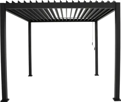 A black metal pergola with adjustable louvers on a white background.