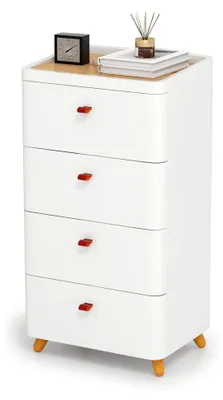 Produktbild von Nachtschrank mit 4 Schubladen, Nachttisch mit abnehmbarem Organizer-Tablett und Holzbeinen, moderne Nachtkonsole für Schlafzimmer und Wohnzimmer, weiß, 42 x 32 x 81,5 cm