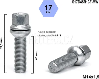 Obrázok produktu pre Skrutka kolesa M14x1,5x45 guľa R13 pohyblivá, kľúč 17, S17D45R13F-MW, výška 69,5 mm