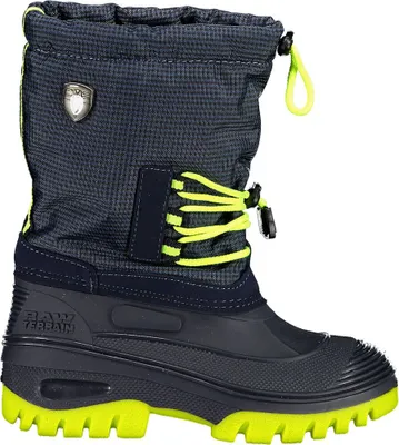 A single blue and yellow winter boot for boys.