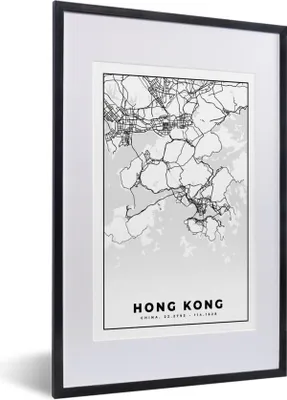 Produktbild von MuchoWow® Gerahmtes Poster Karte - Hongkong - Schwarz und weiß - Stadtplan - Karte 40x60 cm - Poster mit Schwarzem Bilderrahmen Wandposter Rahmen Foto Bilder - Poster in Rahmen